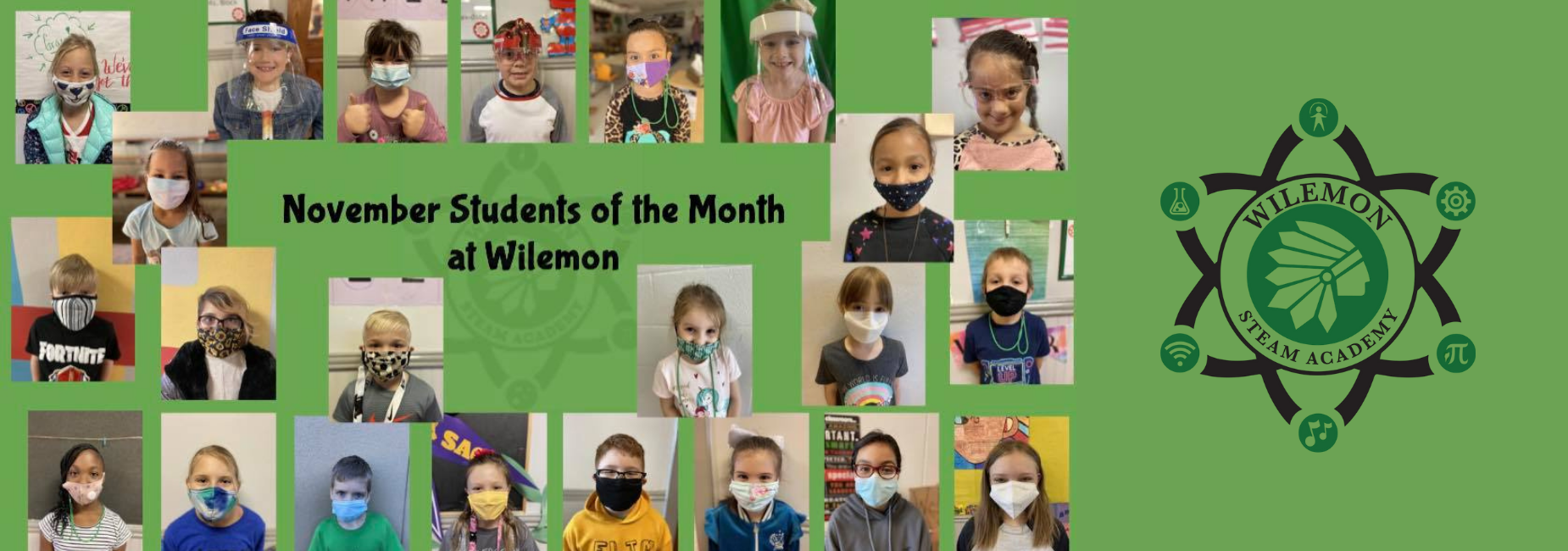 collage of young students wearing facemasks that are the students of the month