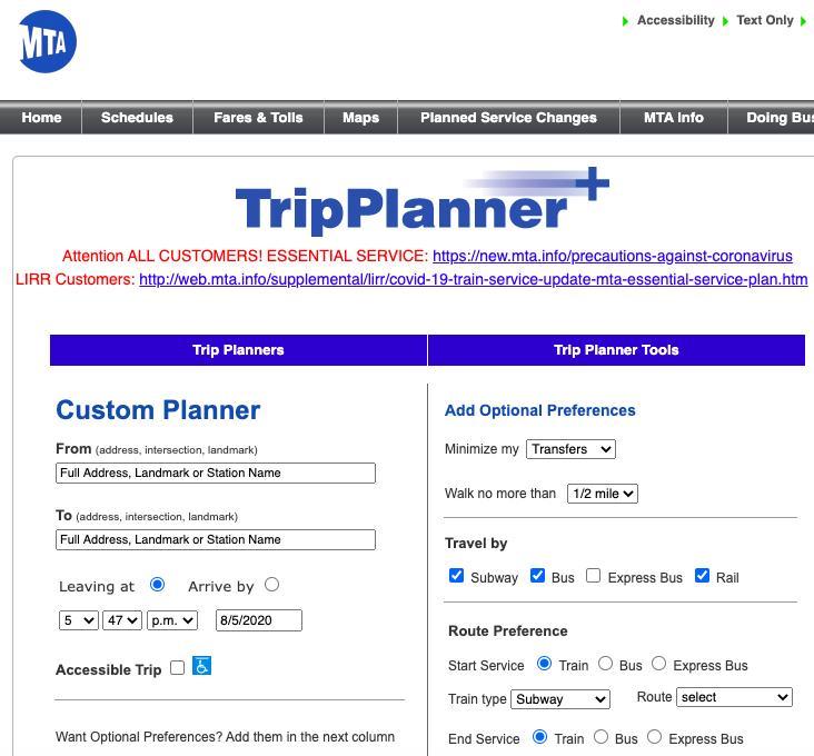MTA Trip Planner interface with form fields for trip options and preferences.