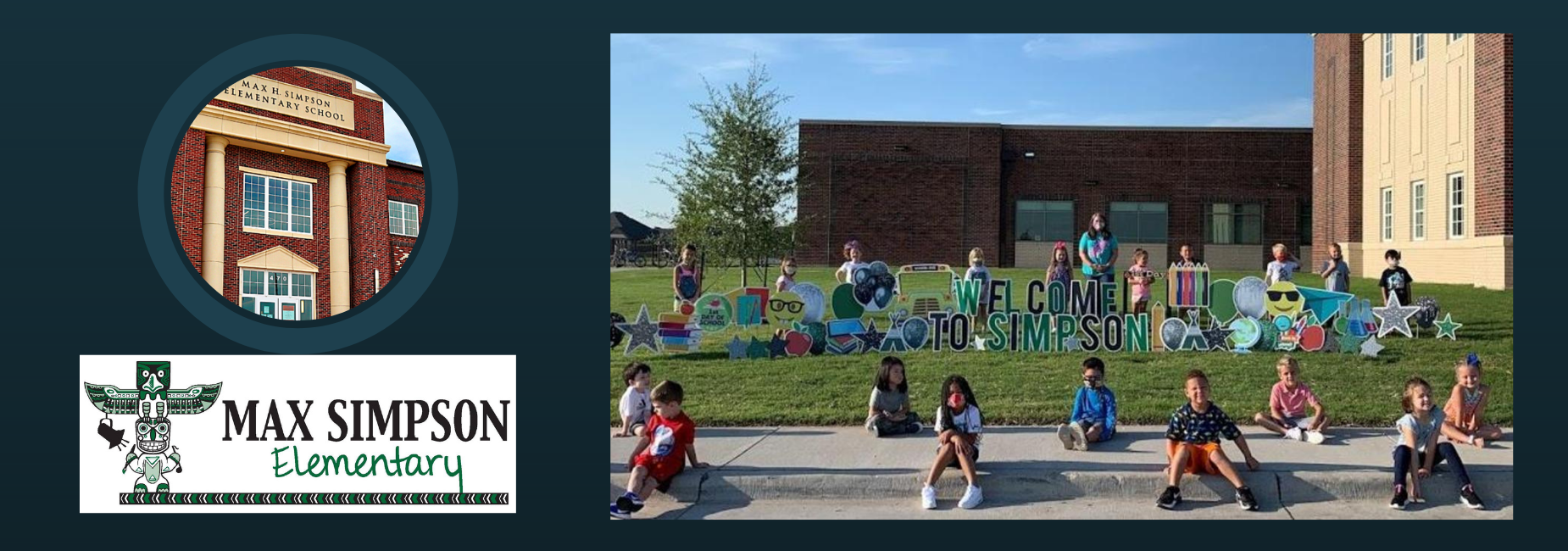 young students seated on lawn with welcome to simpson sign