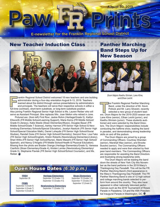 PawPrints 8.30.19 e-newsletter featuring the FR Panther Marching Band and new teacher induction.