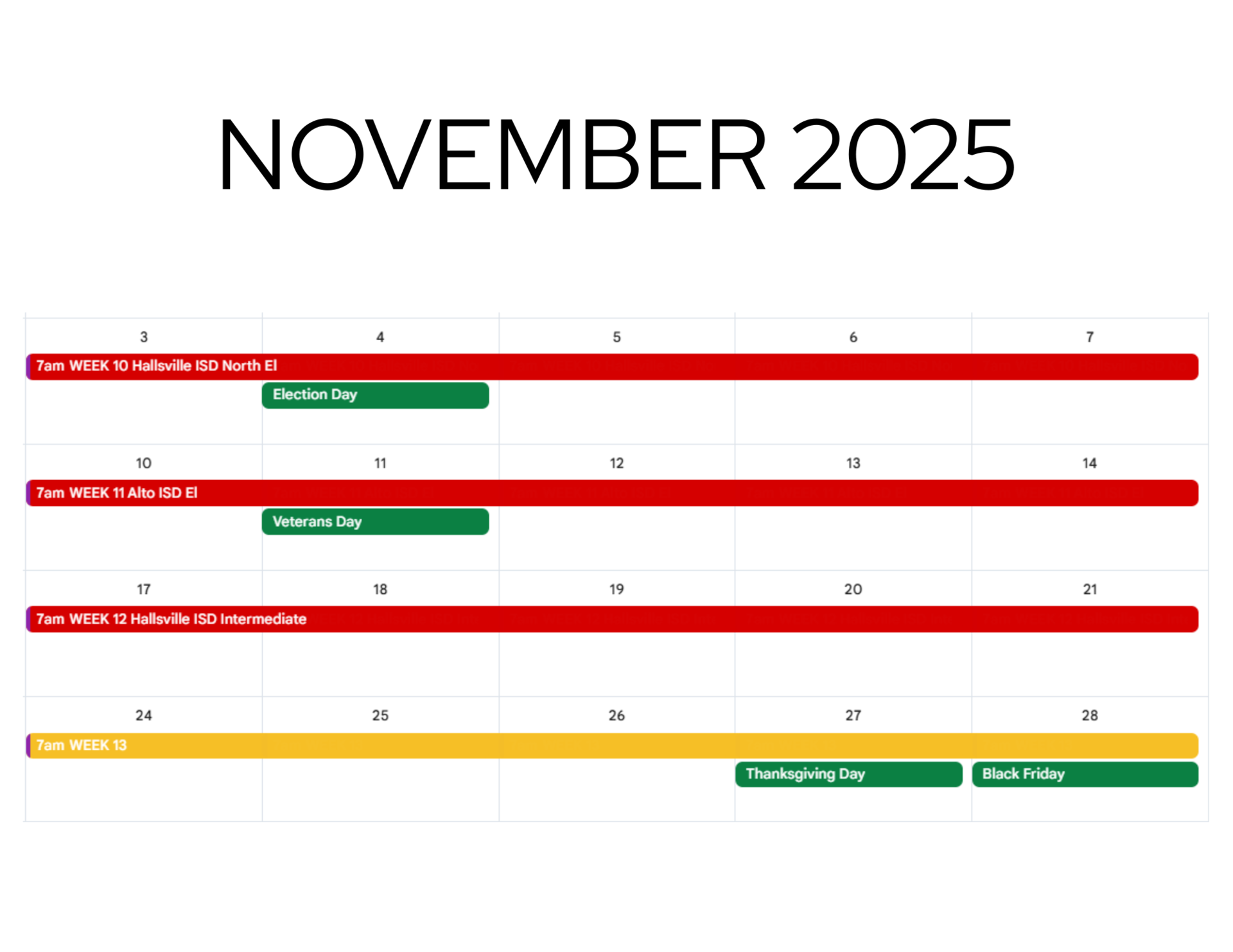 NOVEMBER 2025 calendar shows all weeks reserved.  