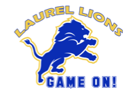 A lion is on his hind legs growling. Laurel Lion's theme is Game on!