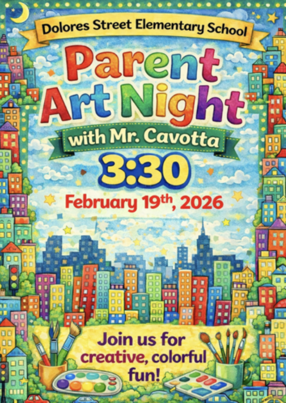 Parent Art Night Flyer: thursday 3:30 with colorful art buildings
