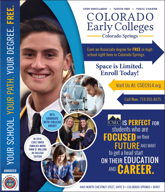 Gazette Back to School ad for CSEC with several CSEC graduates photos and text that reads, Now Enrolling, CSEC saved families over $1 million in college tuition in 2018!