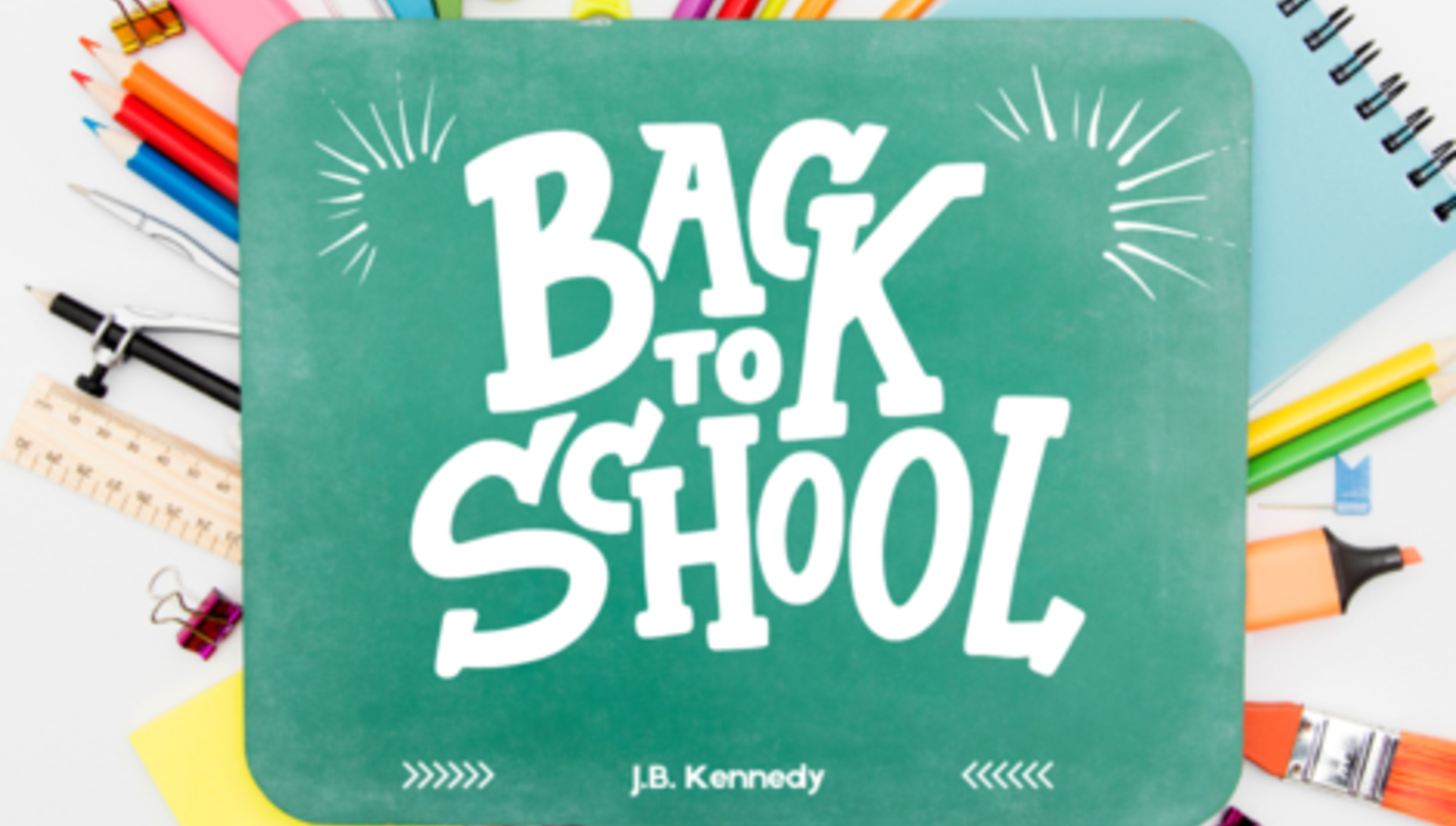 Colorful stationery supplies surrounding a central 'Back to School' message.