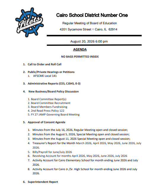 Board Meeting - Thursday, August 20th @6PM Thumbnail Image