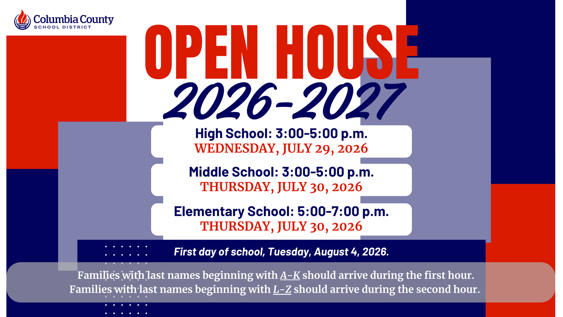Schedule for Columbia County School District Open House for 2026-2027.