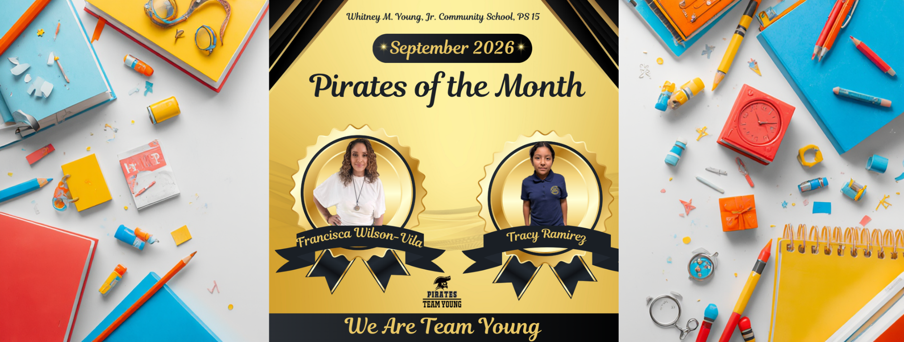 Celebratory graphic for September 2026, featuring two students as Pirates of the Month.