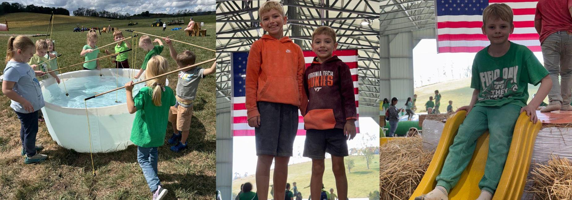 students fishing, standing at top of the slide and playing on the slide at Richdale Farms