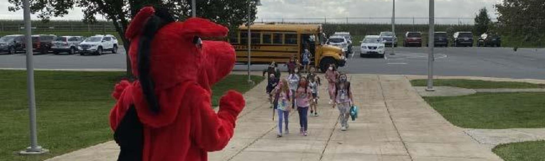 Dragon Greeting Students at MES