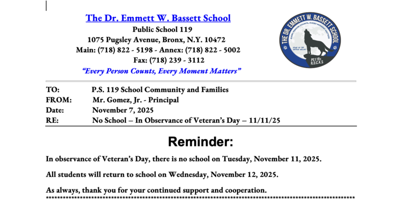 No School Veteran's Day Letter 11 11 2025