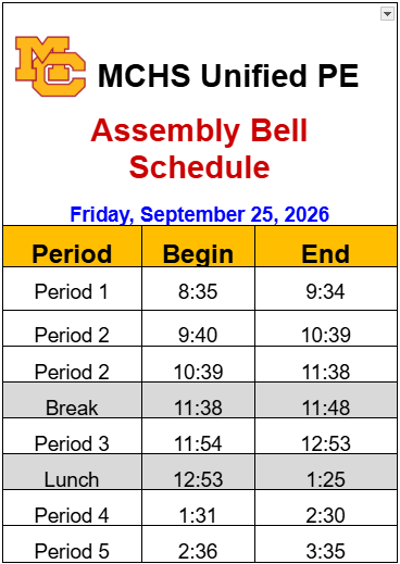 Assembly Bell Schedule 9.25.26