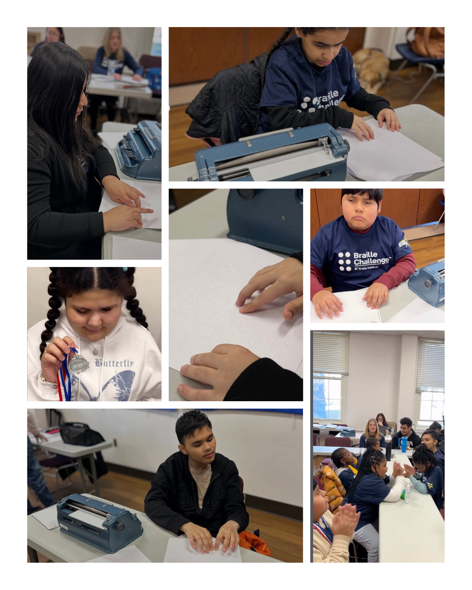 A collection of photos of students using Braillers in a classroom during the Braille Challenge.