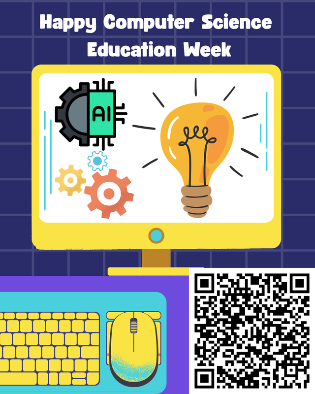 English- Large yellow computer with icons on it, QR code, and teal keyboard