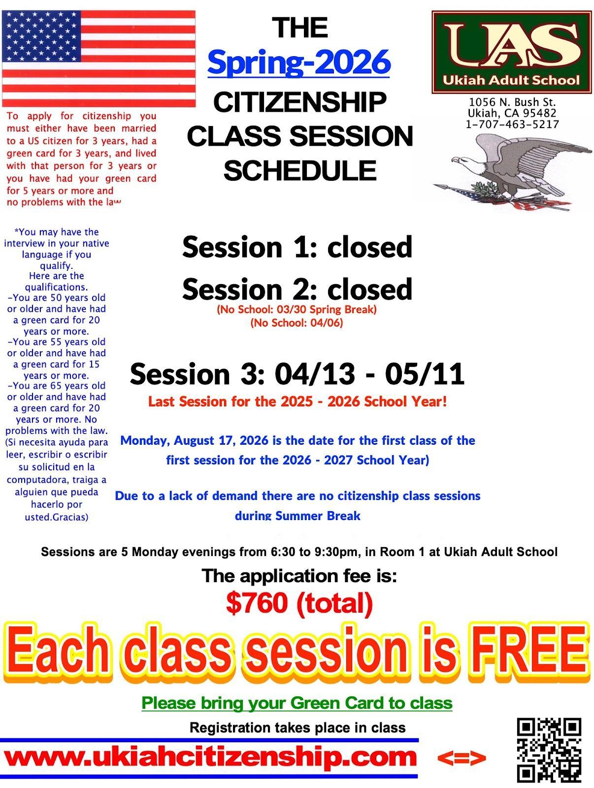 Spring 2026 Citizenship class session schedule poster