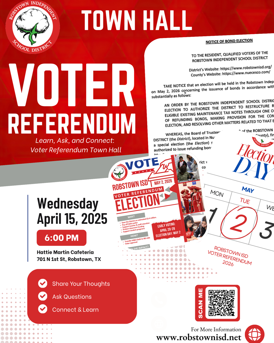 Town hall notice for voter referendum on April 15, 2025, at Hattie Martin Cafeteria.