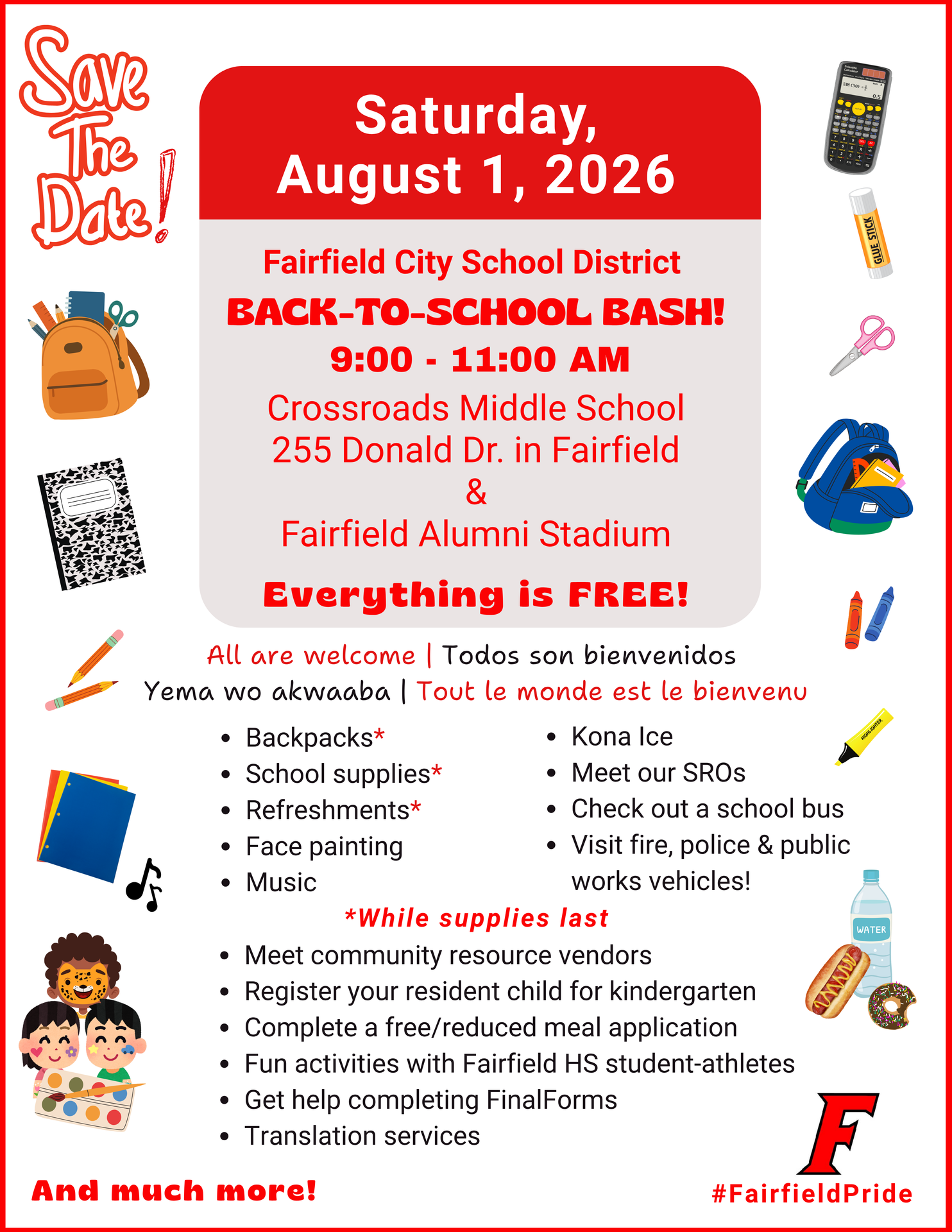 Event flyer for a back-to-school bash featuring details and activities.