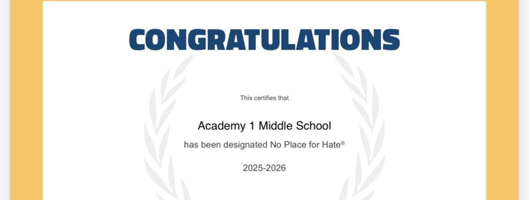 Academy 1 Achieves No Place For Hate Recognition