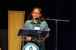 Teacher Anneka Harper-Knox thanks family and colleagues while accepting her award.