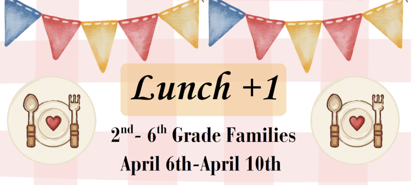 lunch flyer with plate with spoon and fork with red, yellow, blue banner at the top