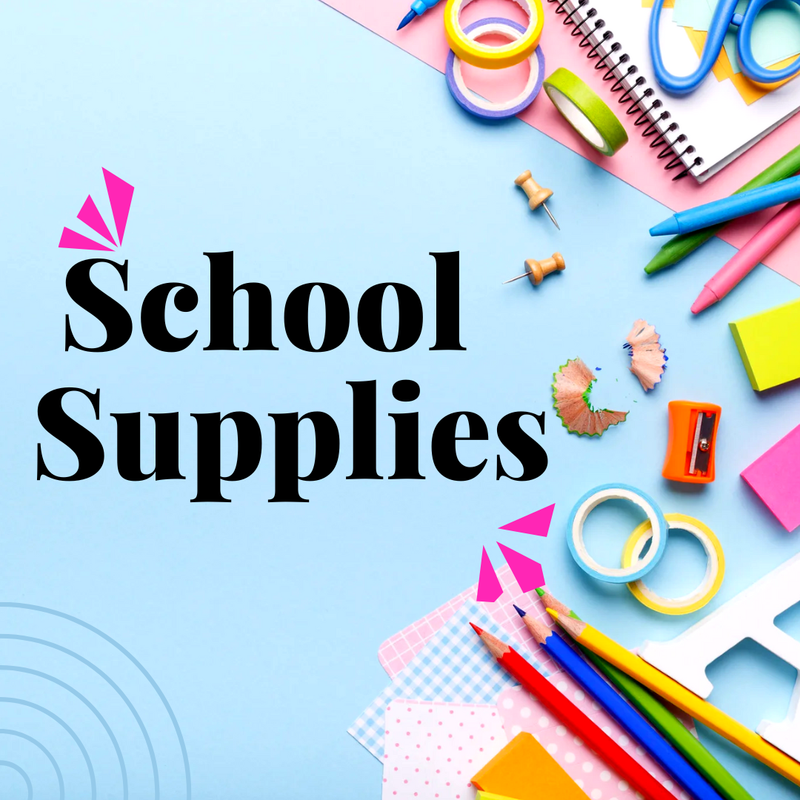 Colored pencils, scissors, sharpener, and notebook strewn against a blue background.