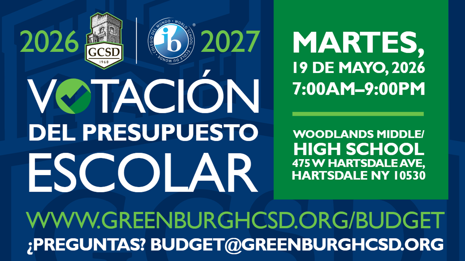 Election announcement for school budget at Woodlands Middle School in Hartsdale.