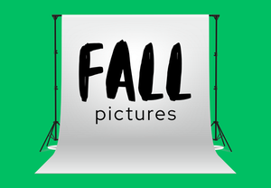 Graphic of a photo backdrop on a green background. Black text reads "Fall Pictures".