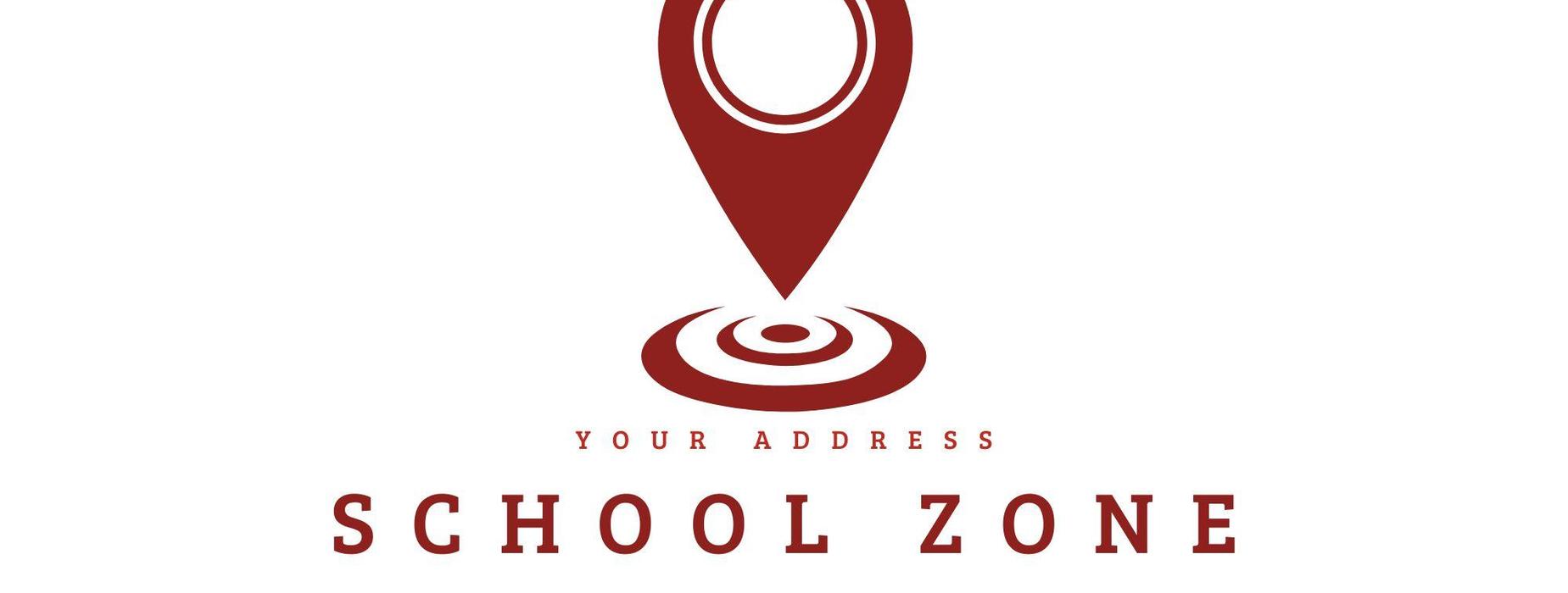 Red location pin with text indicating a school zone.