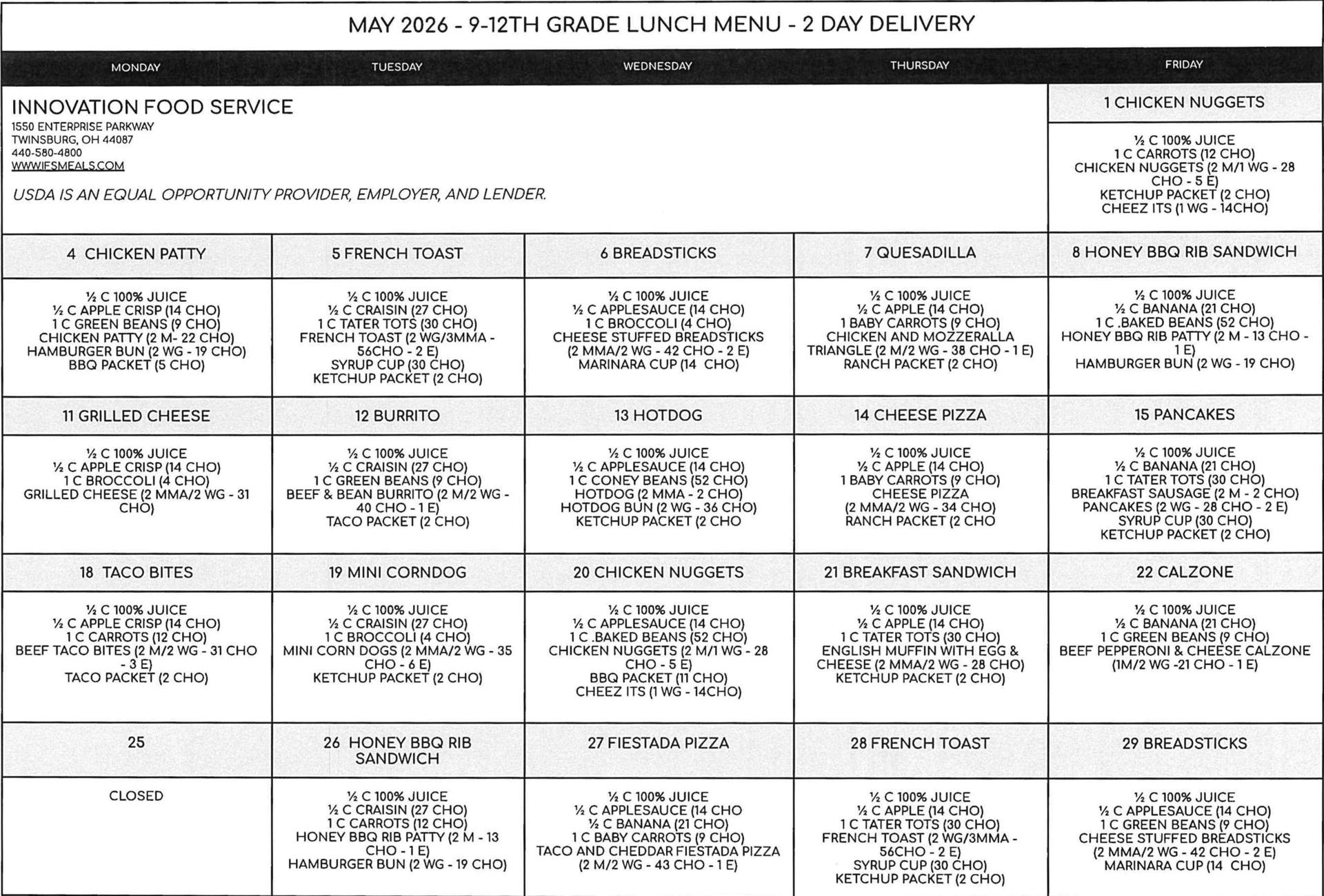 K-8 2 DAY LUNCH MAY3