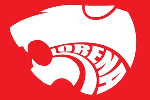 White Lorena Leopard head logo over a red background