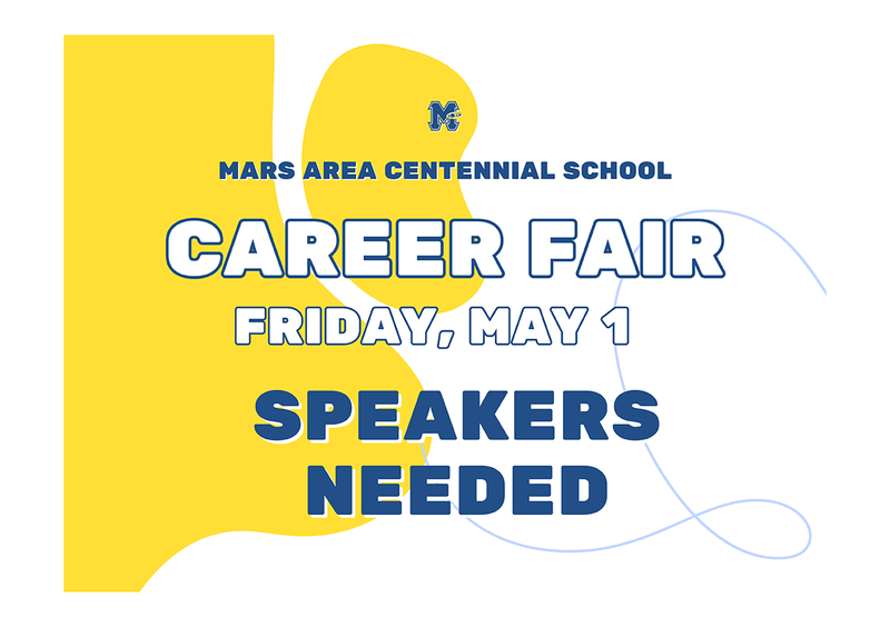 a white background with a yellow blob and the words, Career Fair, in blue.
