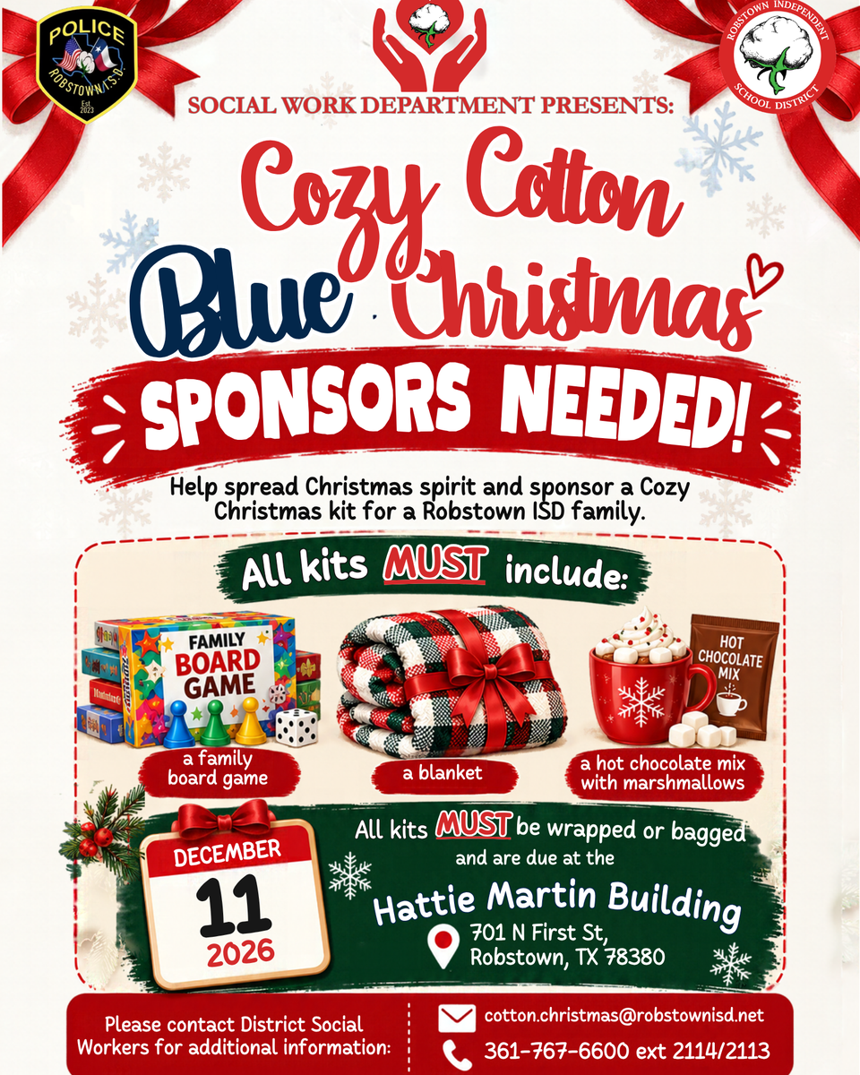 Holiday event flyer for a Cozy Cotton Blue Christmas fundraiser.