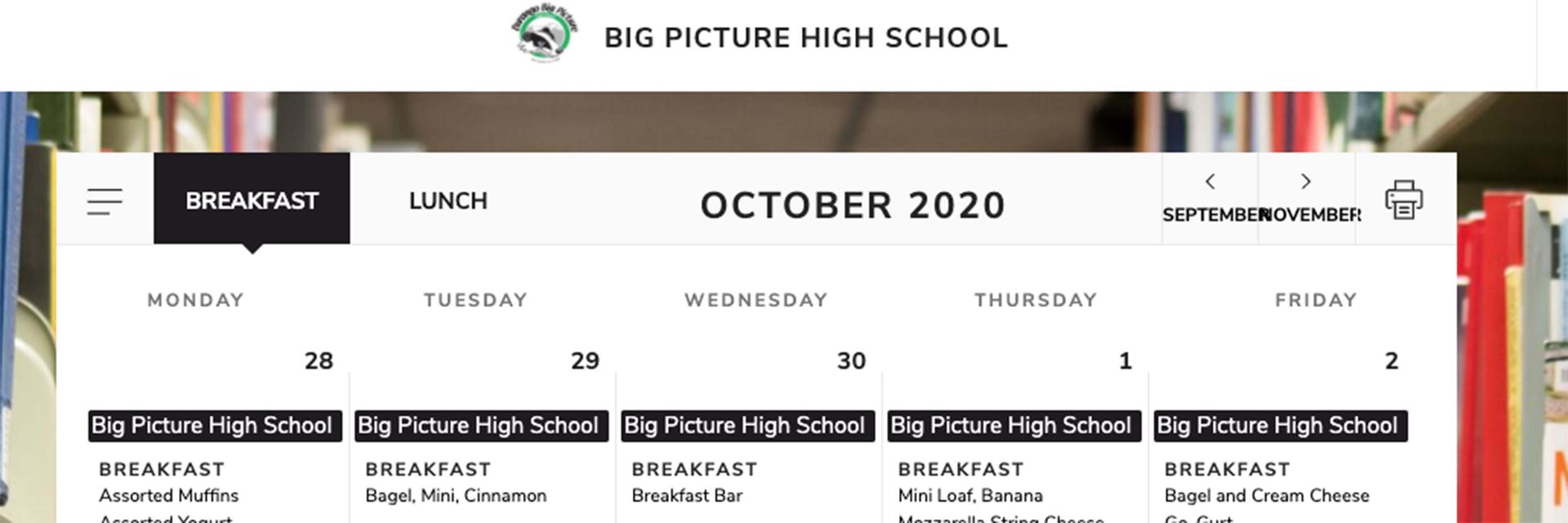 Screenshot of meal calendar