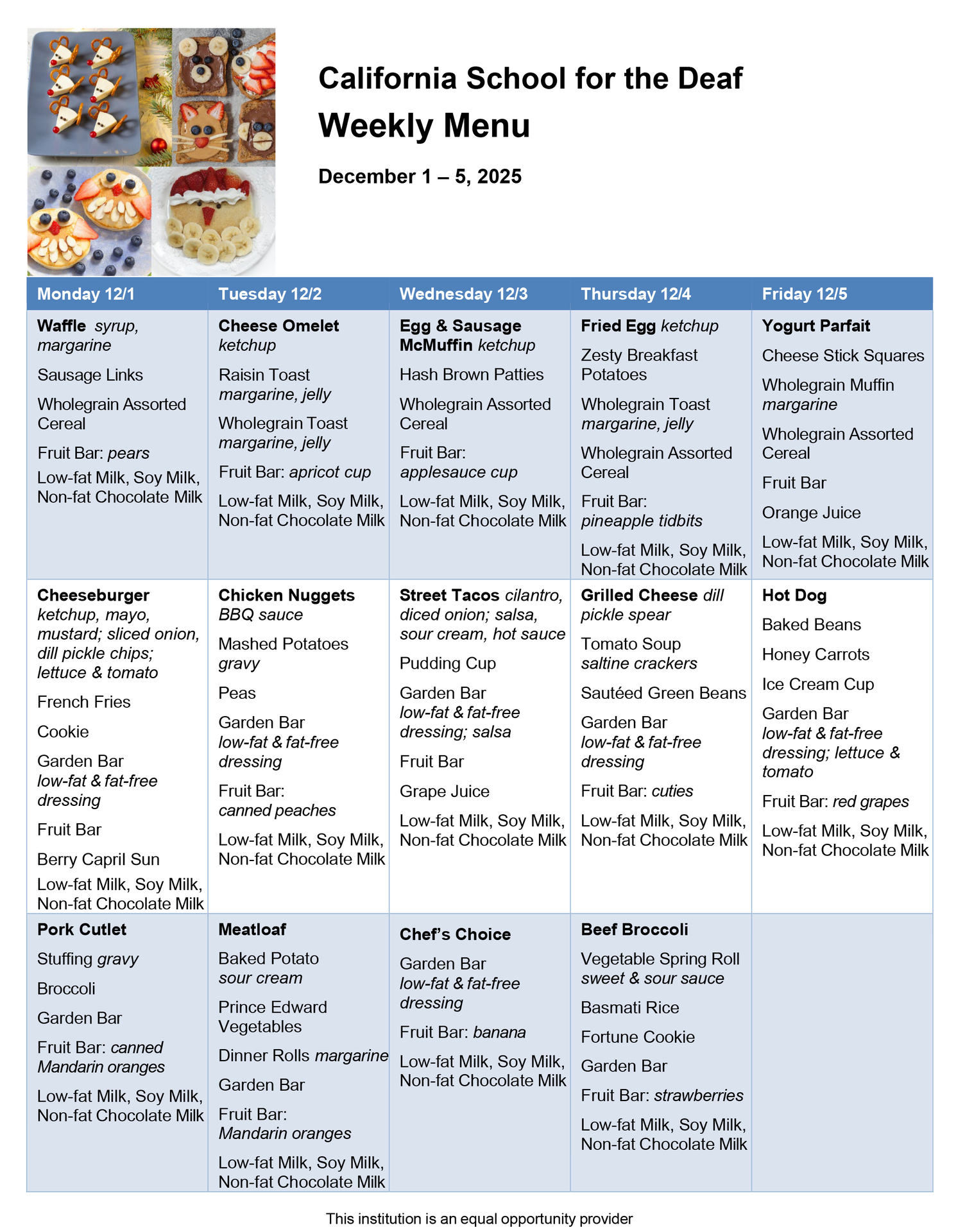 December 1-5 menu