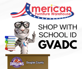 American Furniture Warehouse logo with mascot at a desk and the GVADC school ID discount code