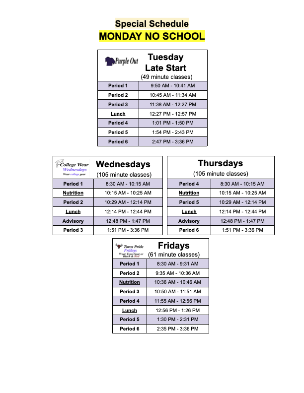 No School Monday-Tuesday Late Start