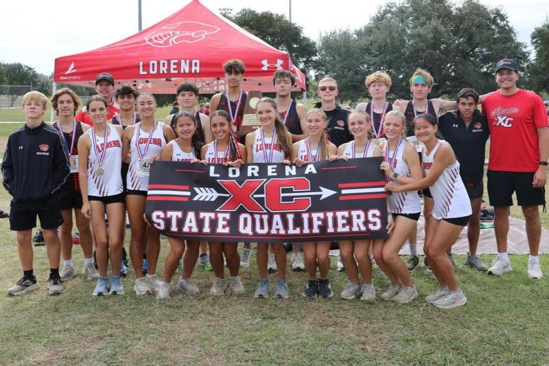 Team of runners holding a banner for state qualifiers under a red tent.