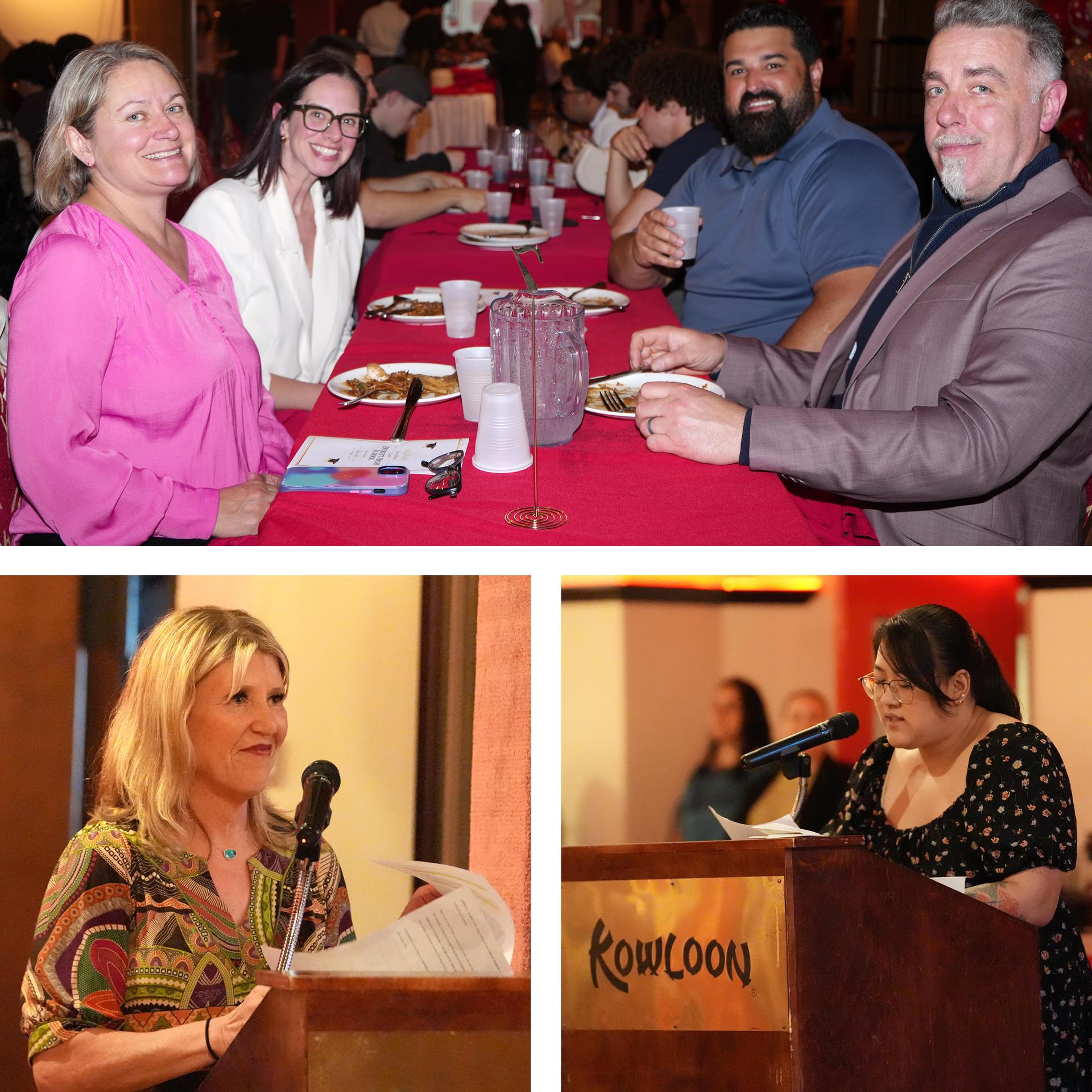 Collage, educators at an awards banquet, at tables and individual teachers at a lectern 