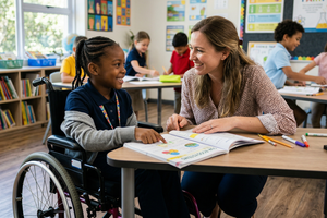 A teacher and a student in a wheelchair smile at each other while reviewing a textbook in a bright classroom. (AI-generated)