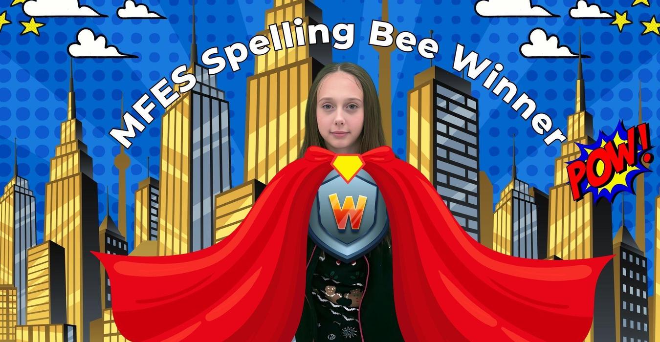 A young girl dressed as a superhero with a red cape, celebrating her spelling bee win.
