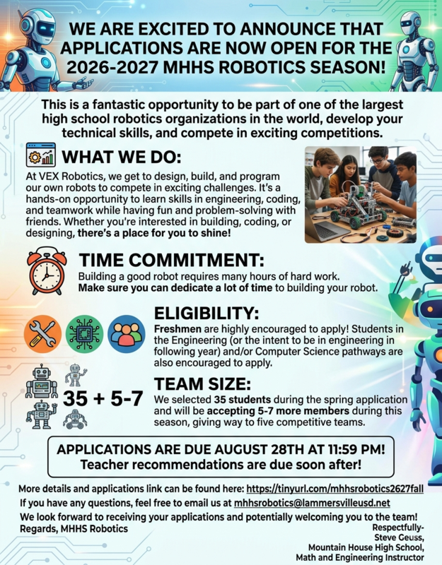 Applications are now open for the 2026-2027 MHHS Robotics season! Featured Photo
