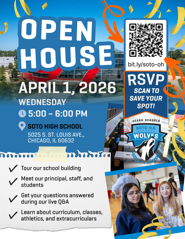 Soto High School Open House, April 1, 2026, 5–6 PM; scan QR to RSVP.