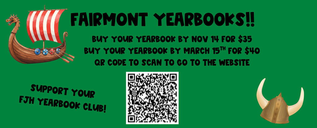 Promotional banner for Fairmont Yearbooks with a Viking ship, QR code, and text details.