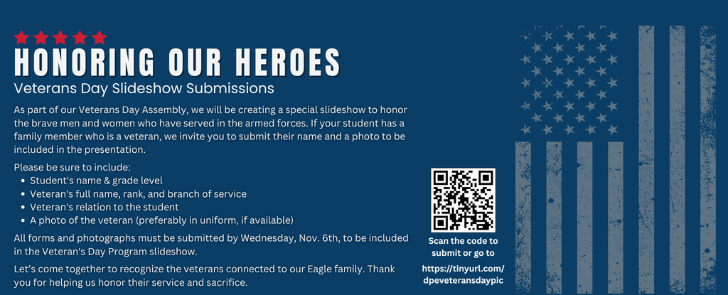 Information flyer for Veterans Day slideshow submissions featuring American flag background.