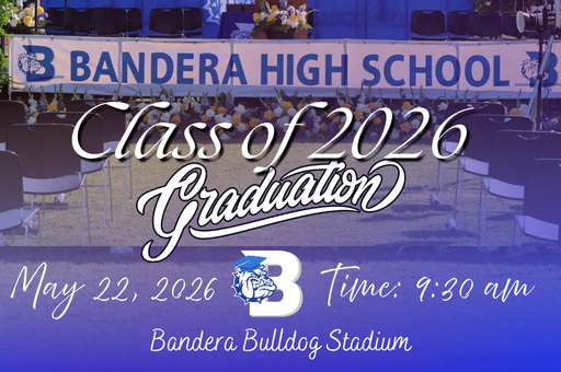 Graduation setup at Bandera High School with chairs, flowers, and a stage.