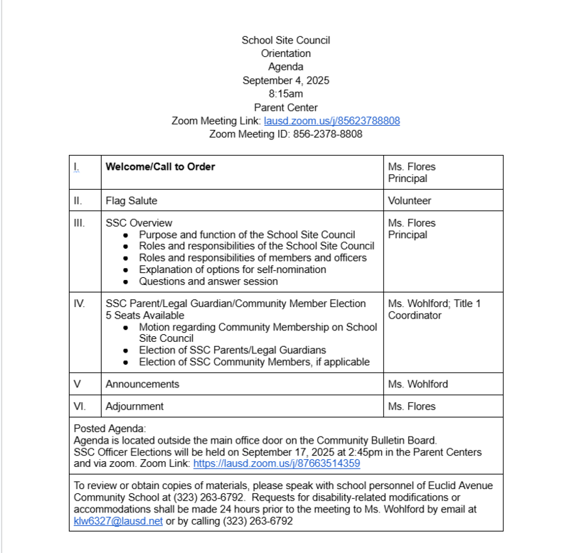 SSC Orientation Agenda