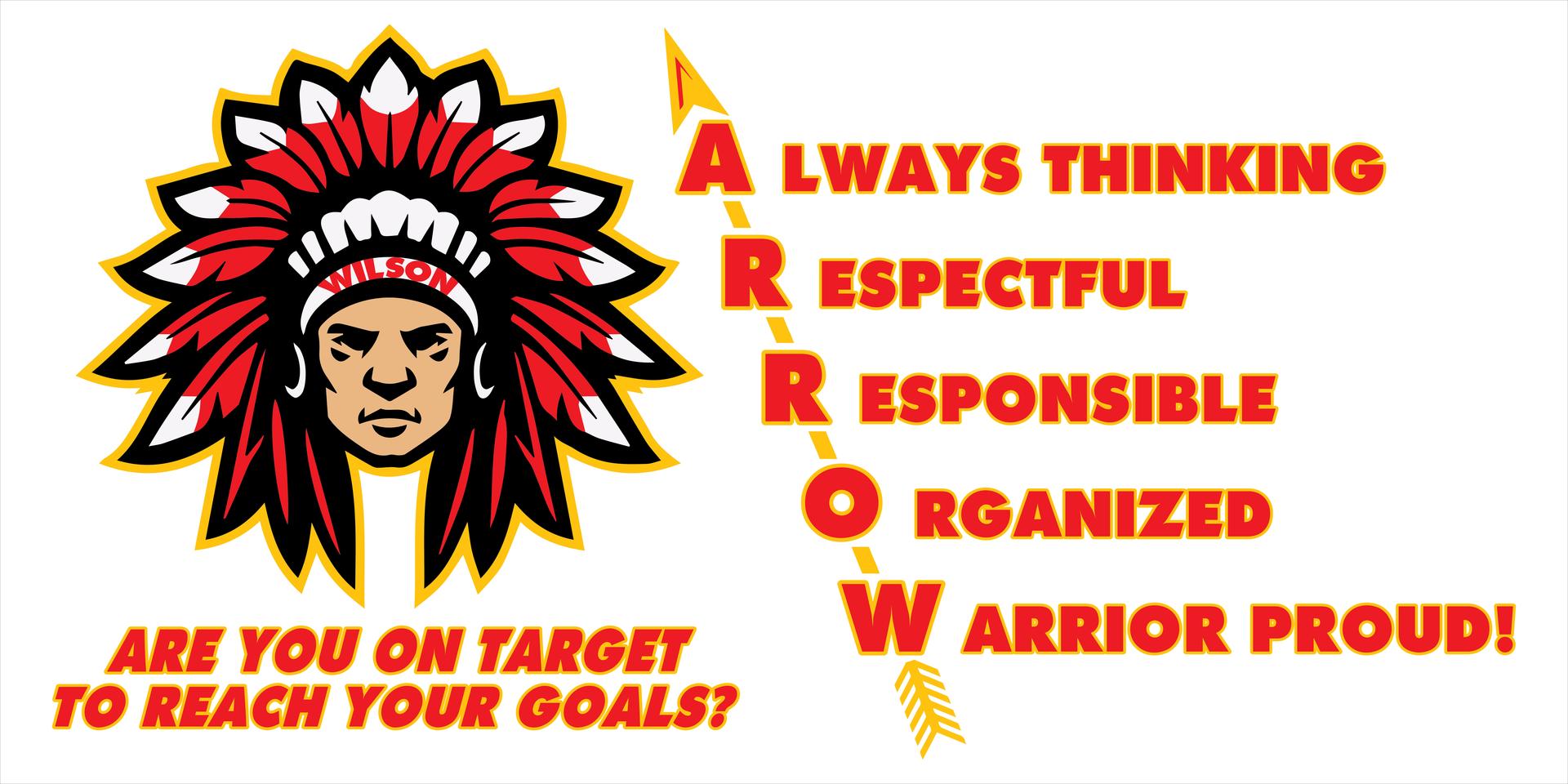 Logo featuring a Native American chief with text: ARROW values and goal reminder.