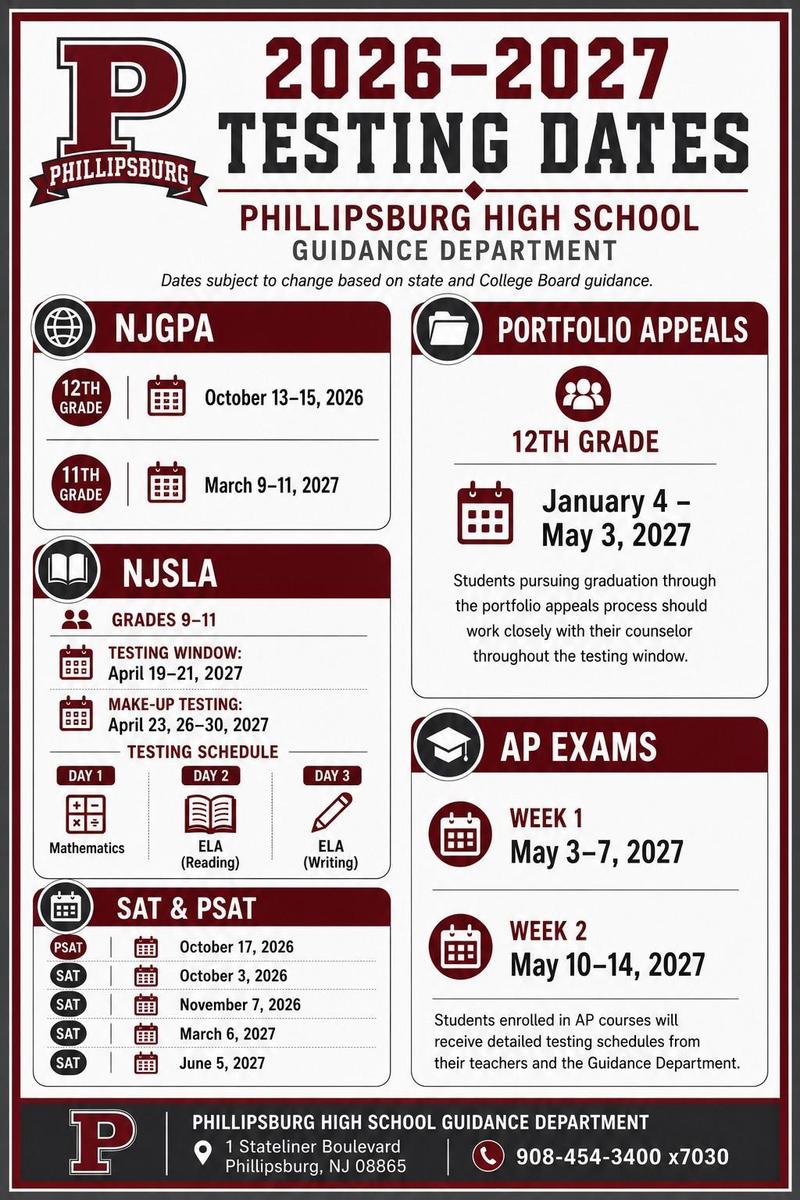 white background with garnet and black lettering for test dates