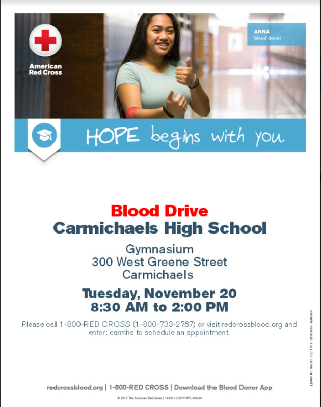 Mark Your Calendars for the Blood Drive Carmichaels Area School District