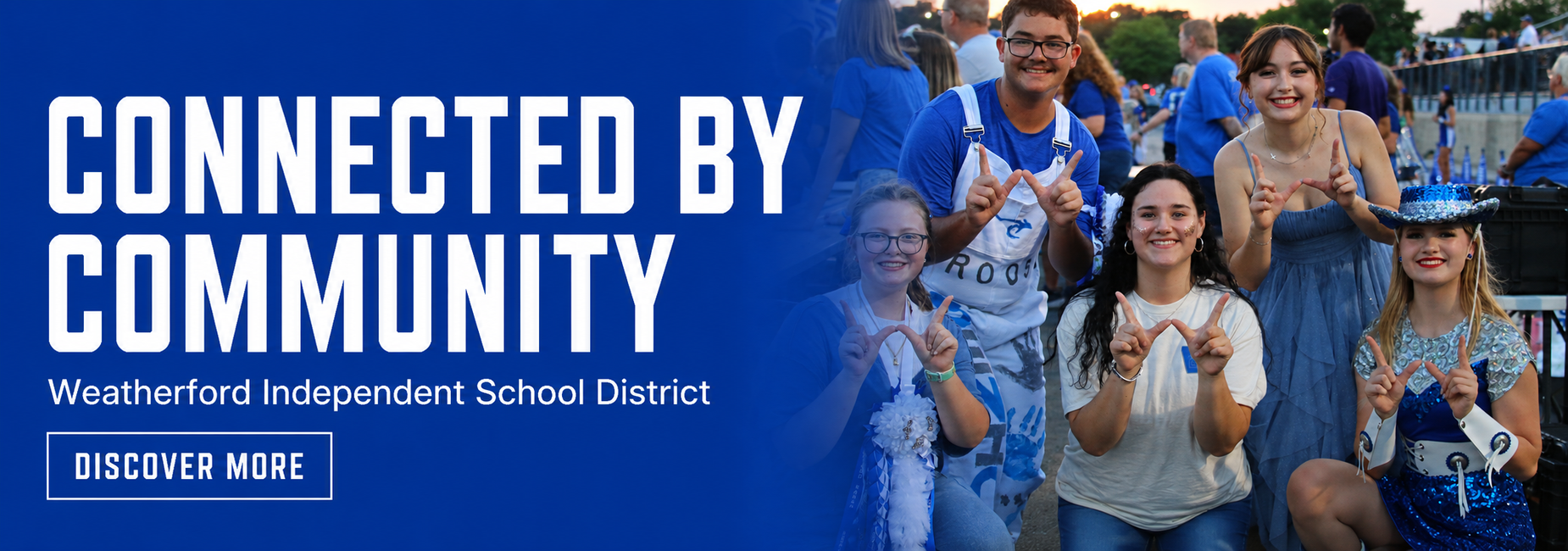 a photo of a group of students smiling at a football game with the words connected by community and discover more overlayed